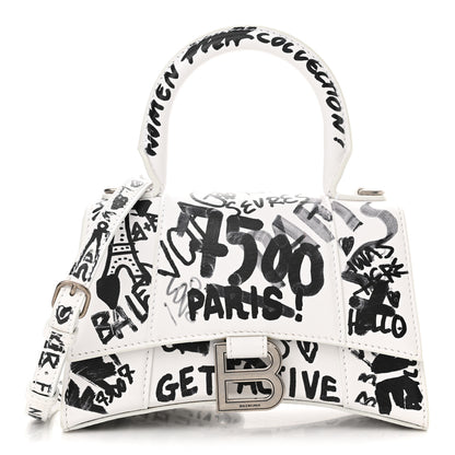 Balenciaga Smooth Calfskin Graffiti Hourglass Top Handle Bag XS White Black 1 of 14