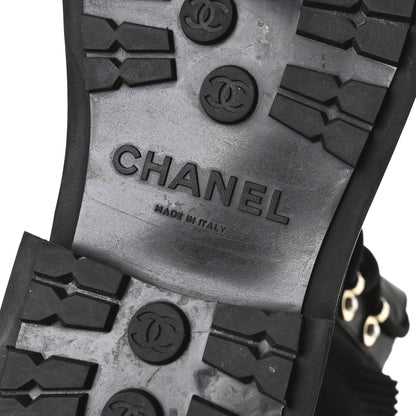 Chanel Calfskin Knit Lace Up Combat Boots 37.5 Black 7 of 8