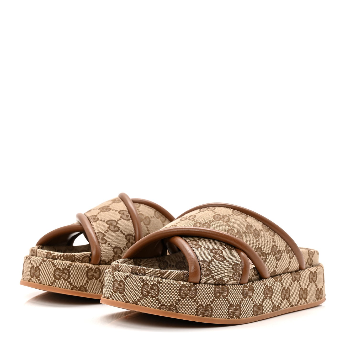 Monogram GG Calfskin Angelina Platform 55mm Slide Sandals 38.5 Camel Ebony 35 Camel Ebony