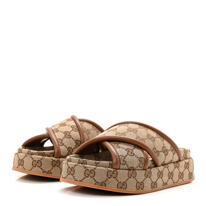 Gucci Monogram GG Calfskin Angelina Platform 55mm Slide Sandals 38.5 Camel Ebony 35 Camel Ebony 4 of 10