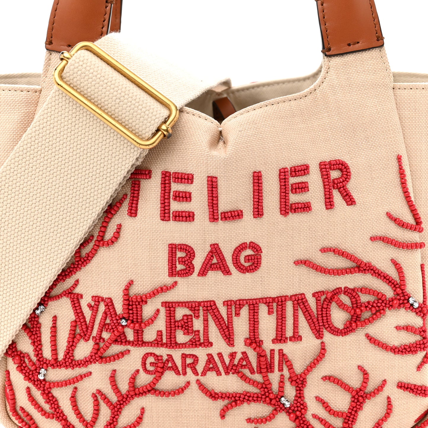 Canvas Beaded Atelier Print Tote Bag Naturale Red