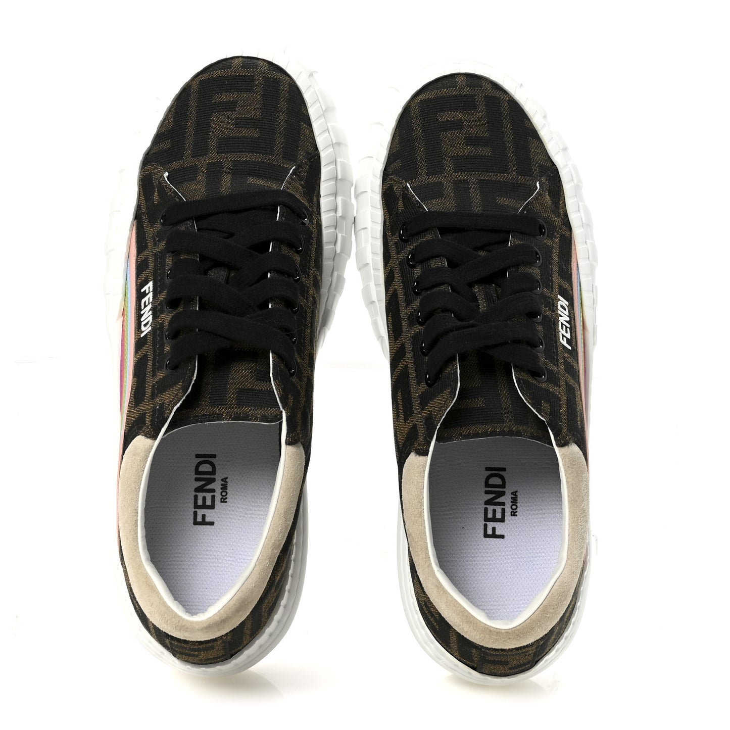 Fabric Jacquard FF Rainbow Womens Fendi Force Low-Top Sneakers 38.5 Tobacco Black White Multicolor