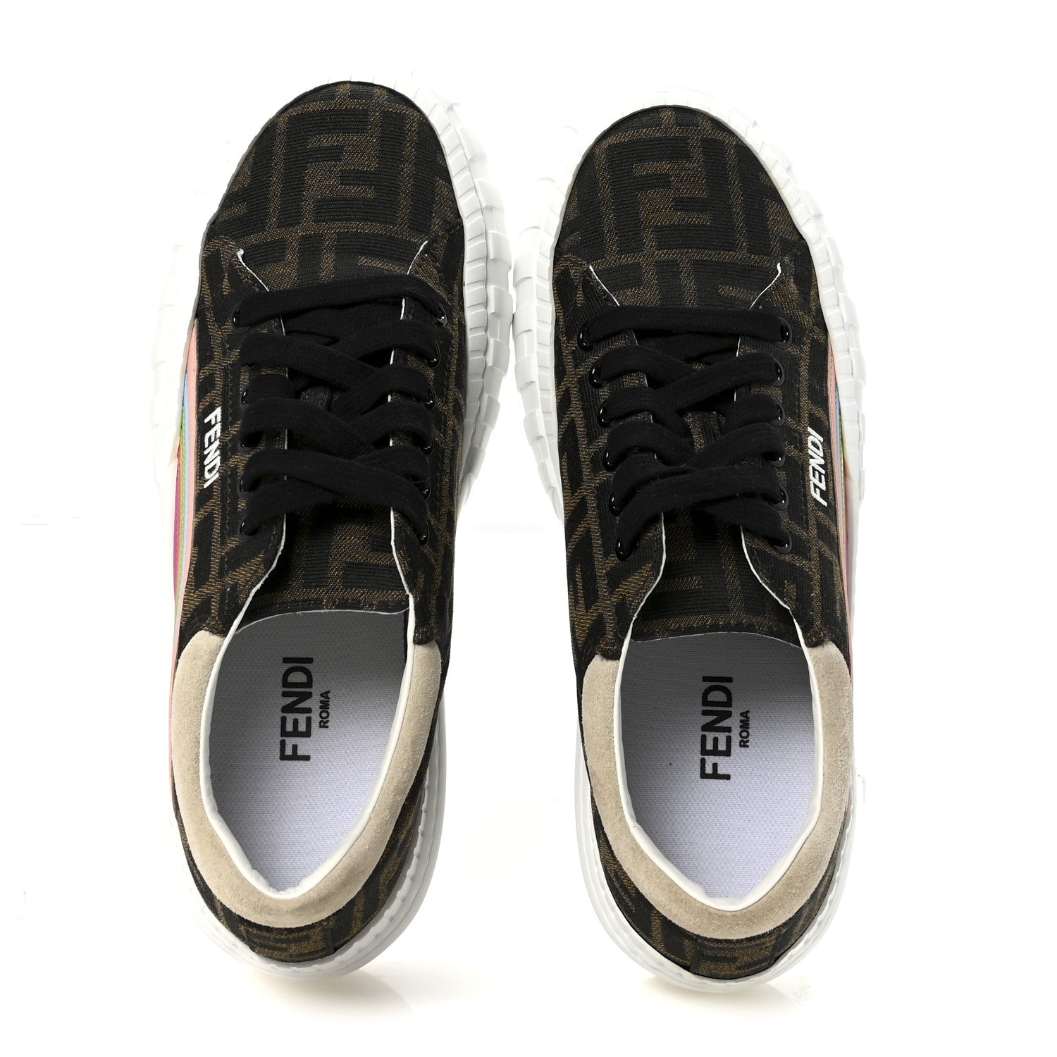 Fendi Fabric Jacquard FF Rainbow Womens Fendi Force Low-Top Sneakers 38.5 Tobacco Black White Multicolor 2 of 9