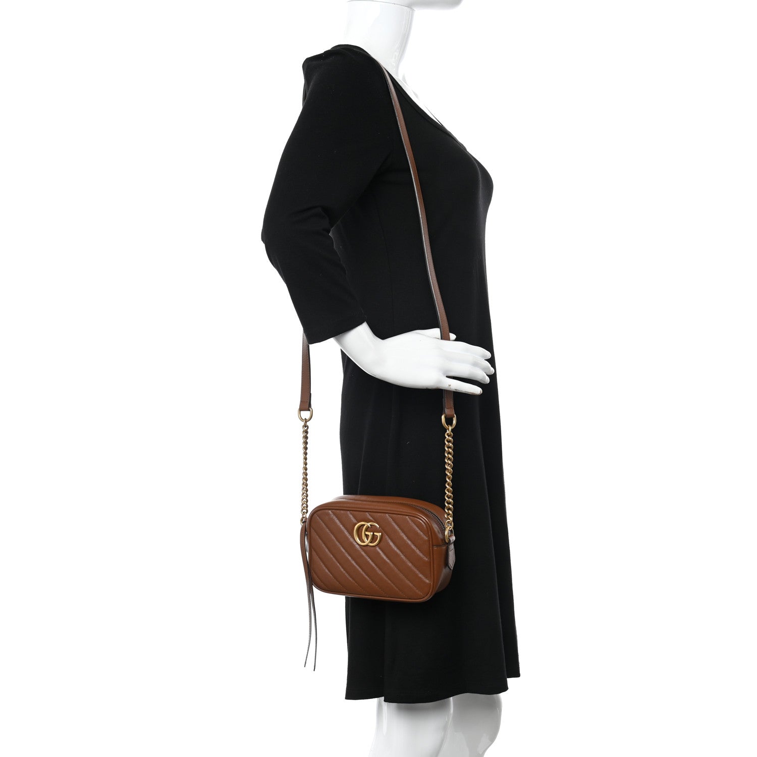 Gucci Glazed Calfskin Matelasse Diagonal Mini GG Marmont Chain Shoulder Bag Cuir 2 of 10