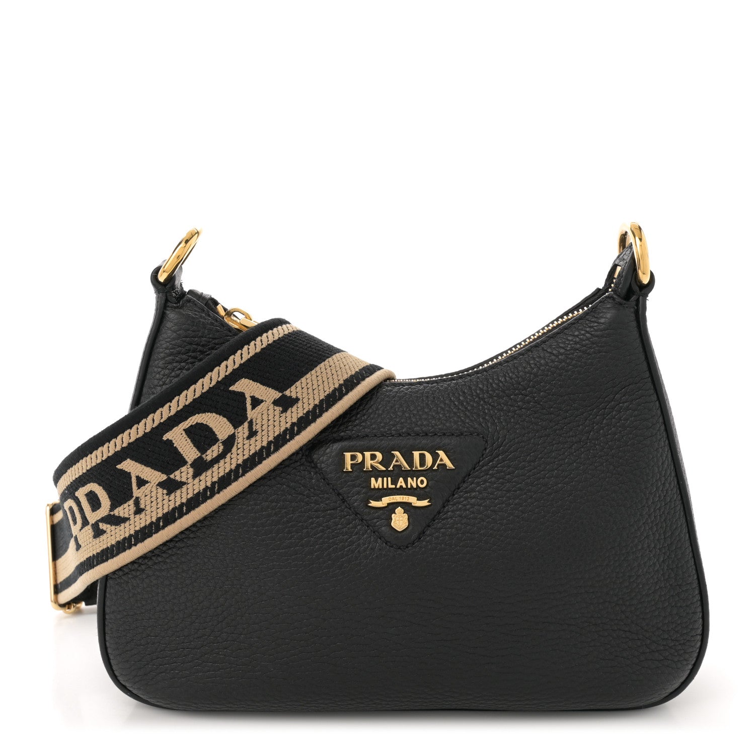 Prada Vitello Daino Soft Zippered Hobo Shoulder Bag Black 1 of 11