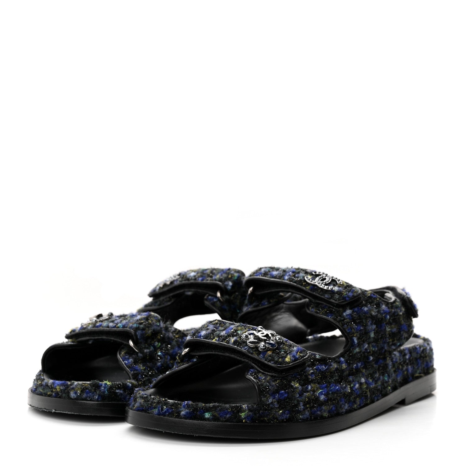 Chanel Iridescent Tweed Velcro Dad Sandals 36.5 Navy Blue Multicolor 3 of 14