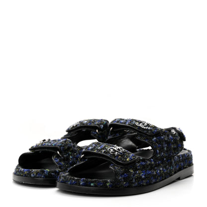 Chanel Iridescent Tweed Velcro Dad Sandals 36.5 Navy Blue Multicolor 3 of 14