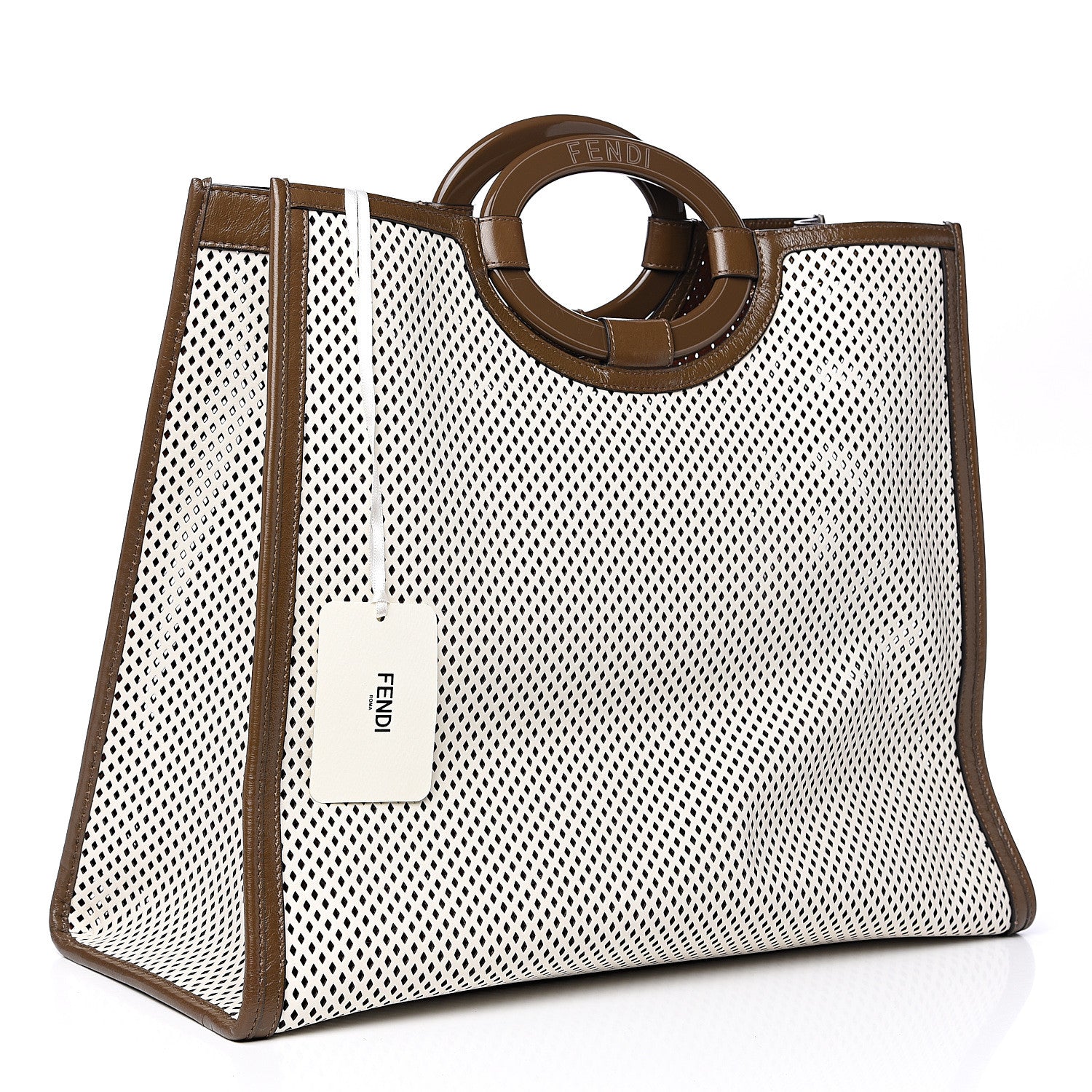 Fendi Vitello Liberty Glossy Lambskin Perforated Large Runaway Shopper Tote White Ice Rust Maya 2 of 11