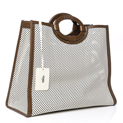 Fendi Vitello Liberty Glossy Lambskin Perforated Large Runaway Shopper Tote White Ice Rust Maya 2 of 11