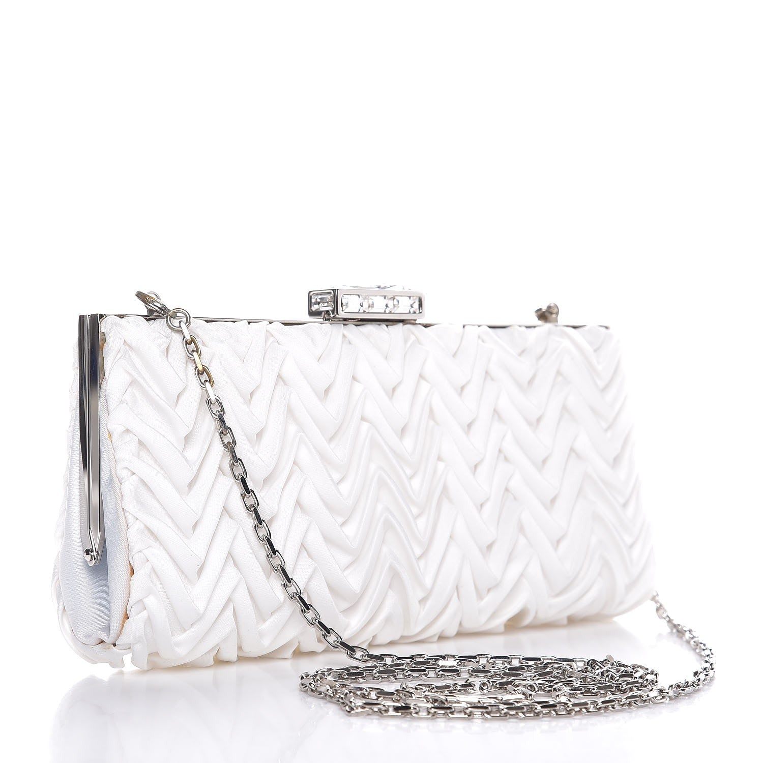 Judith Leiber Crystal Satin Chevron Pleated Clutch Ivory 3 of 13