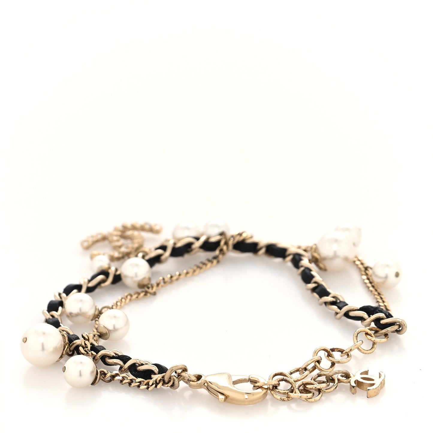 Lambskin Pearl Crystal Chain CC Bracelet Black Gold