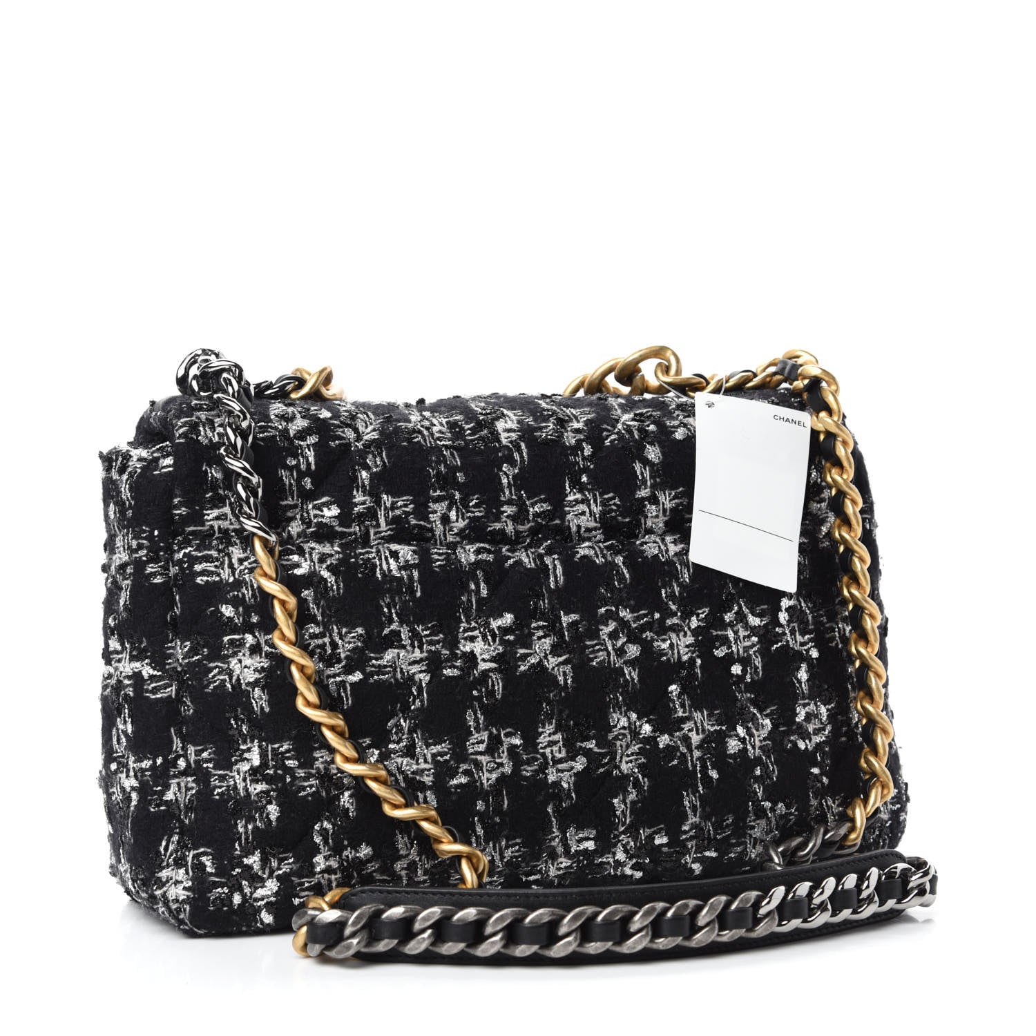 Chanel Tweed Quilted Large 19 Flap Black Ecru White 3 of 11