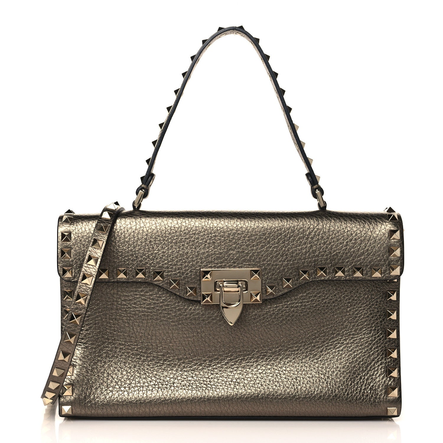 Valentino Garavani Metallic Pebbled Calfskin Small Rockstud Single Handle Flap Bag Sasso 1 of 8