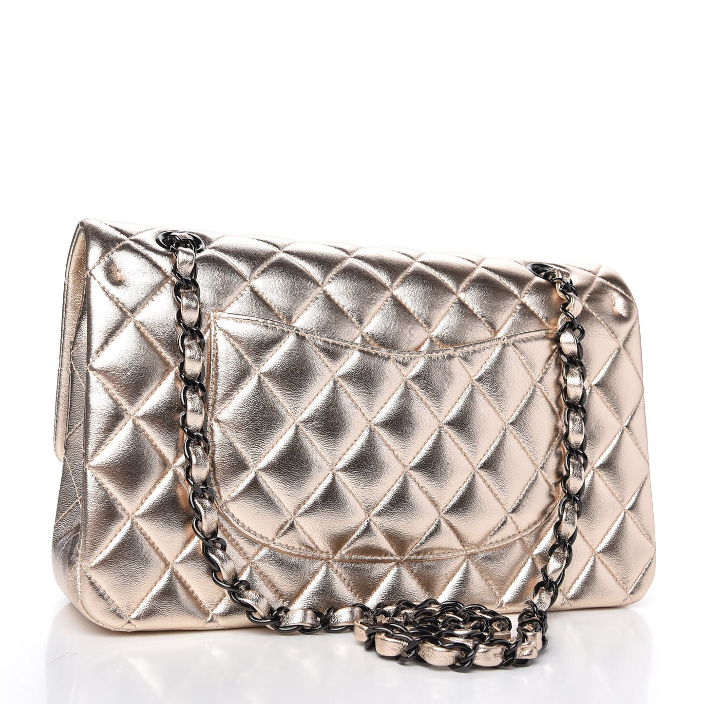 Metallic Lambskin Quilted Medium Double Flap Gold Black