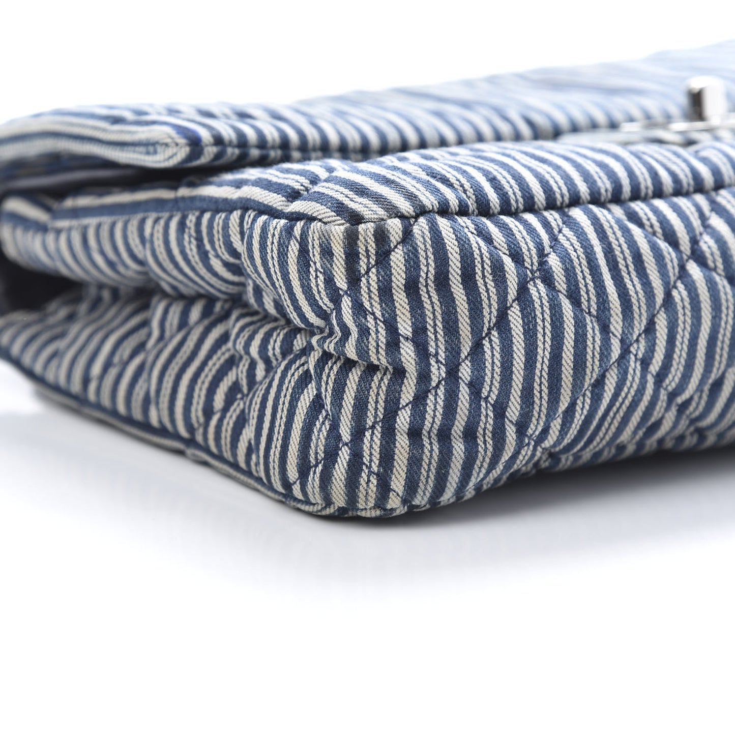 Denim Striped Quilted Medium Double Flap Navy White