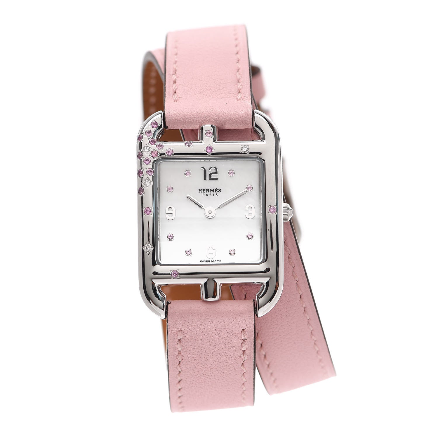 Hermes Stainless Steel Swift Diamond Pink Sapphire Mother of Pearl 23mm Cape Cod Double Tour Quartz Watch Rose Sakura 1 of 5