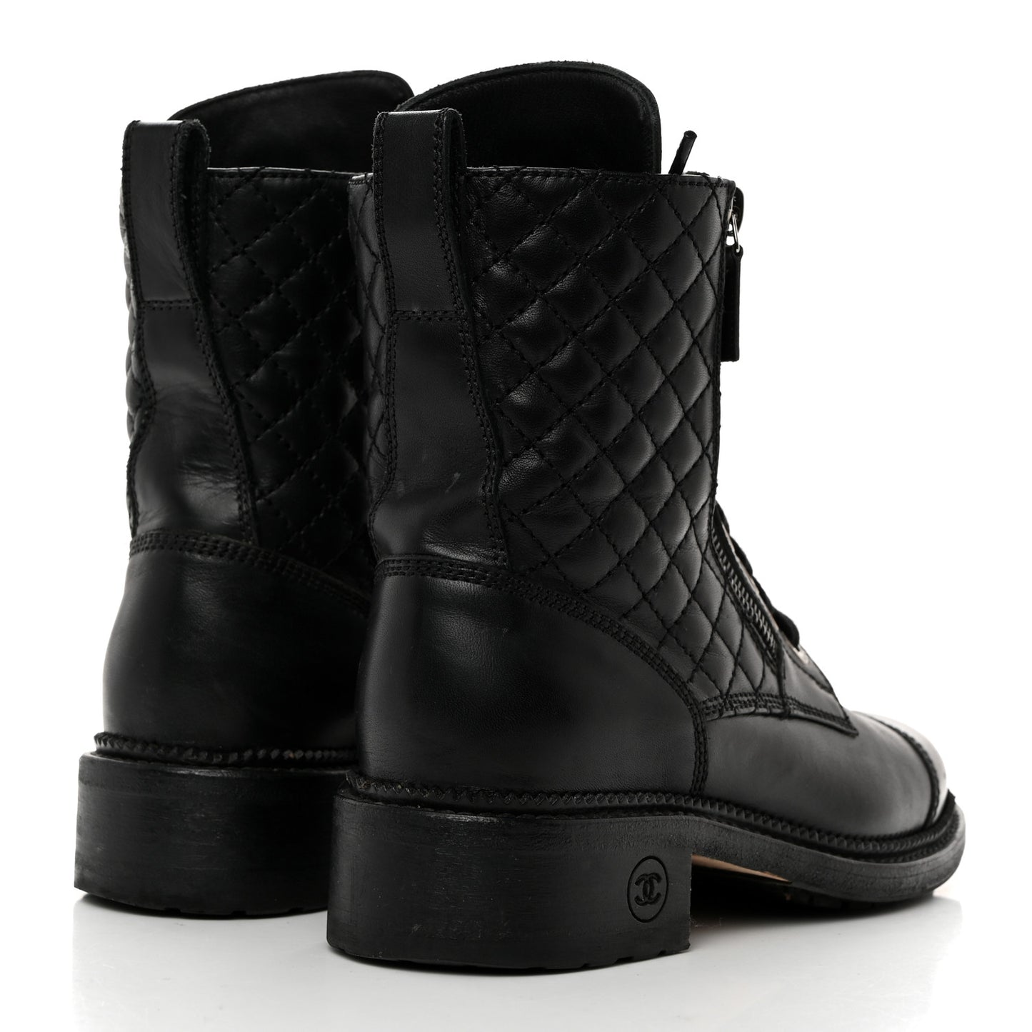 Calfskin Quilted Lace Up Combat Boots 36 Black