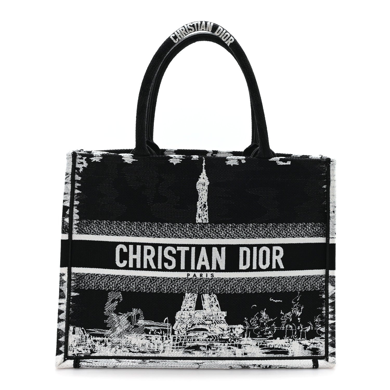 Christian Dior Canvas Embroidered Medium Paris Book Tote Black White 1 of 12