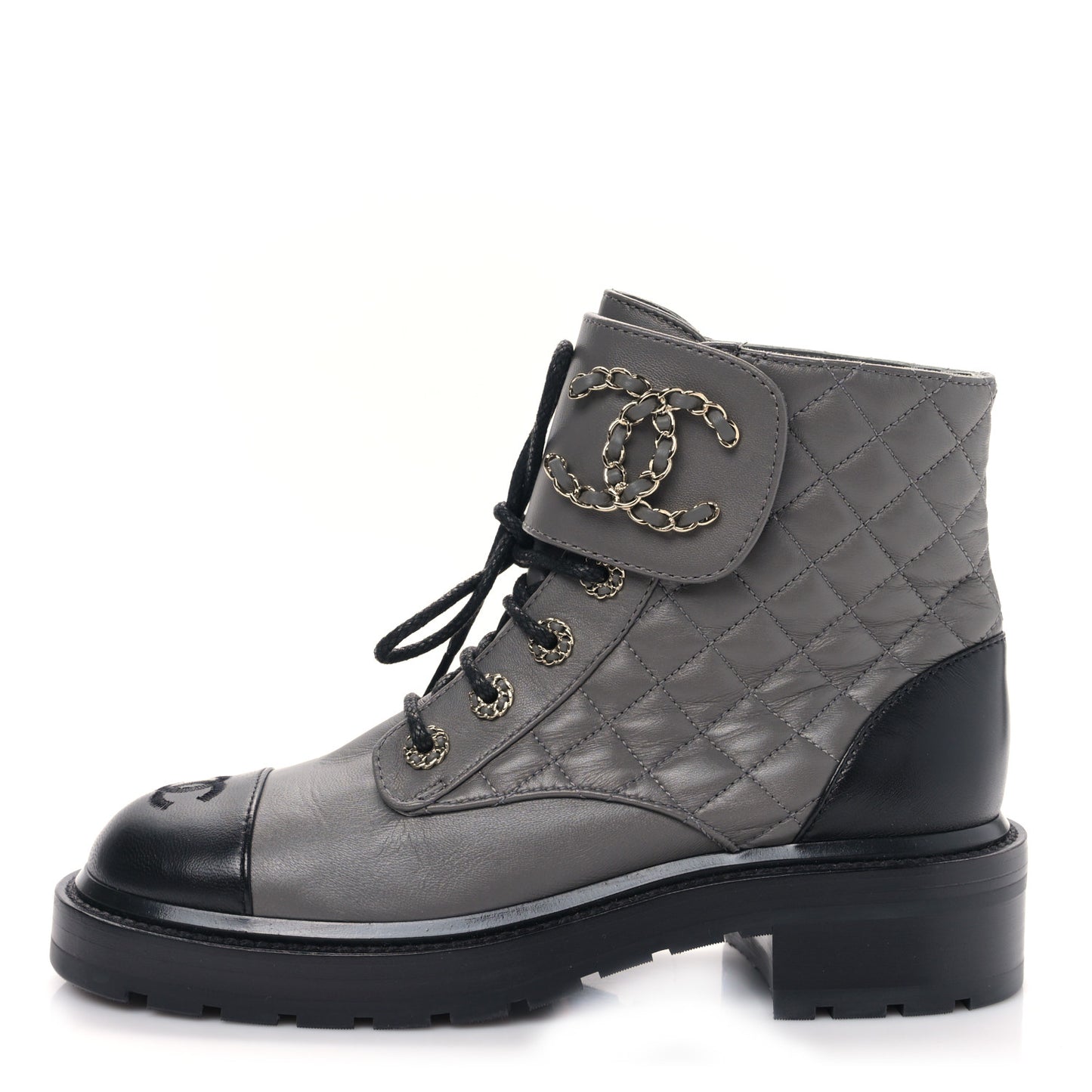Shiny Lambskin Quilted Lace Up Combat Boots 38 Grey Black