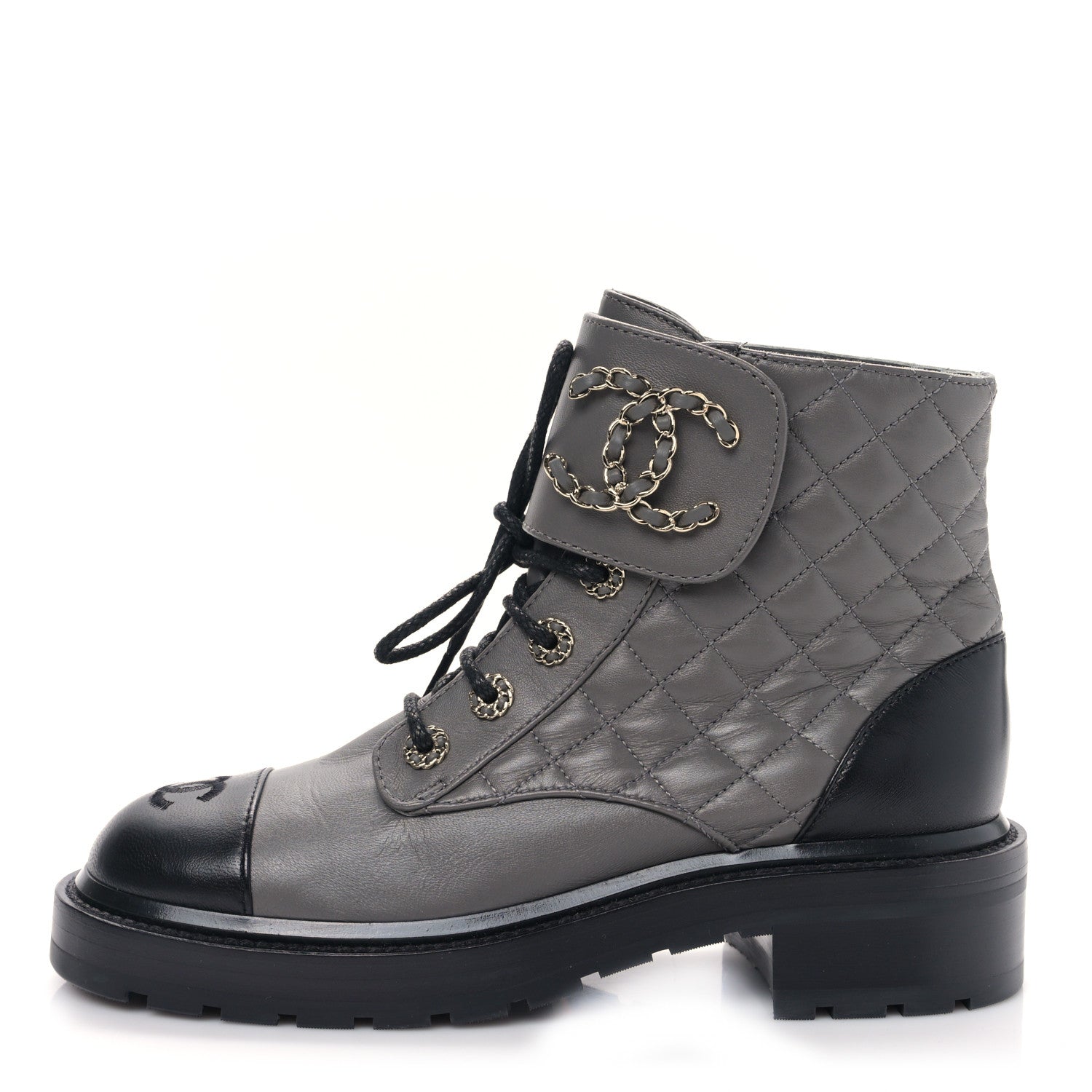 Chanel Shiny Lambskin Quilted Lace Up Combat Boots 38 Grey Black 1 of 9