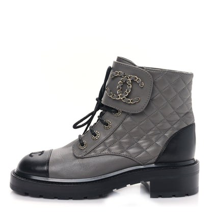 Chanel Shiny Lambskin Quilted Lace Up Combat Boots 38 Grey Black 1 of 9