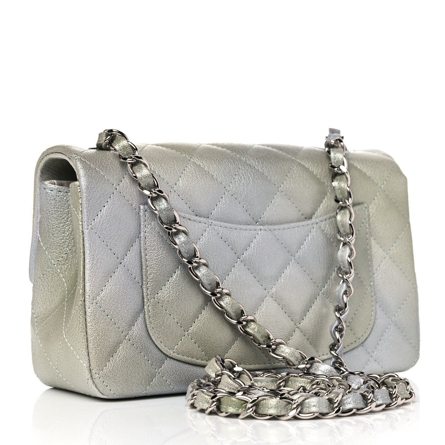 Chanel Metallic Goatskin Quilted Ombre Mini Rectangular Flap Grey Green 3 of 10