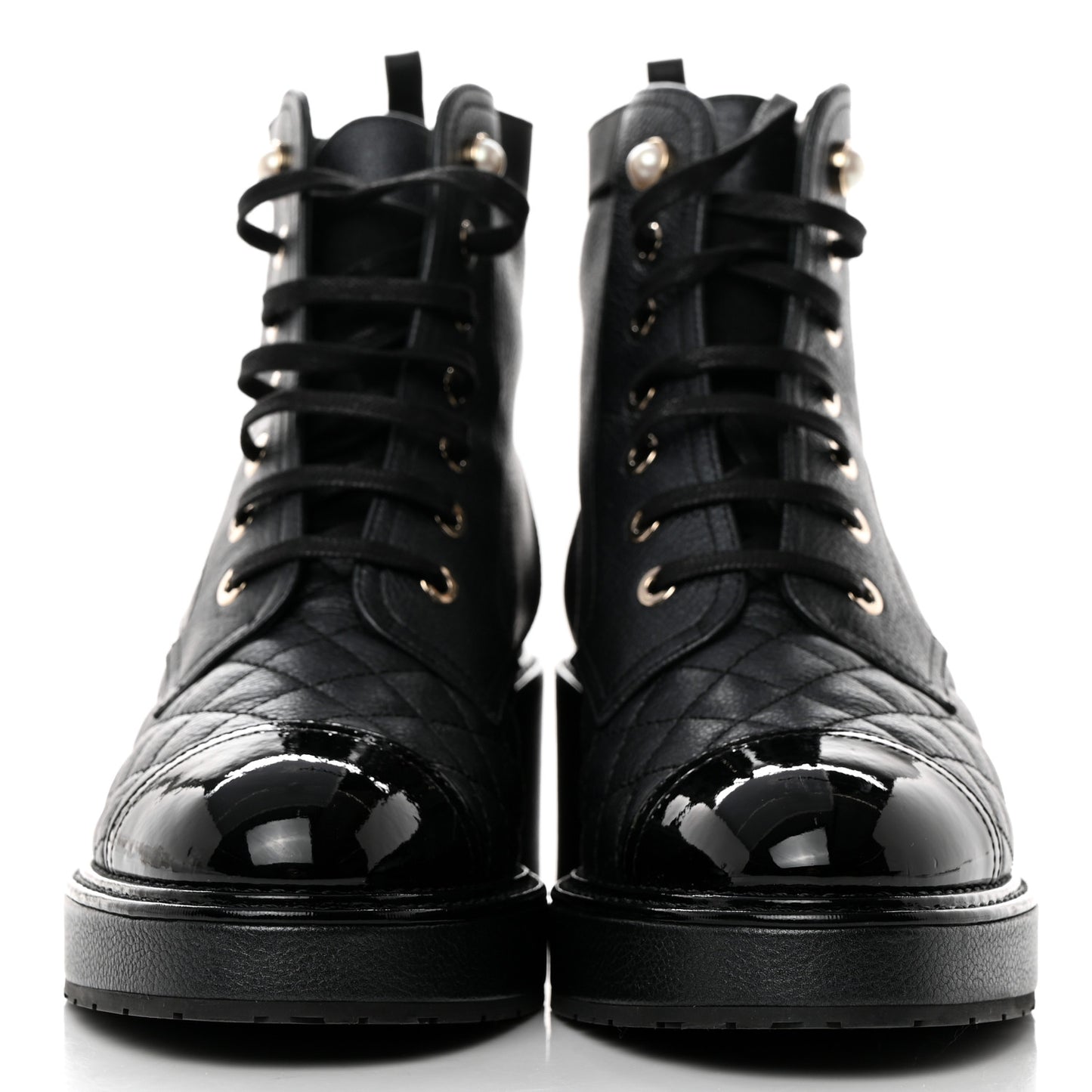 Pearly Calfskin Patent Calfskin Lace Up Combat Boots 38 Black 38 Black