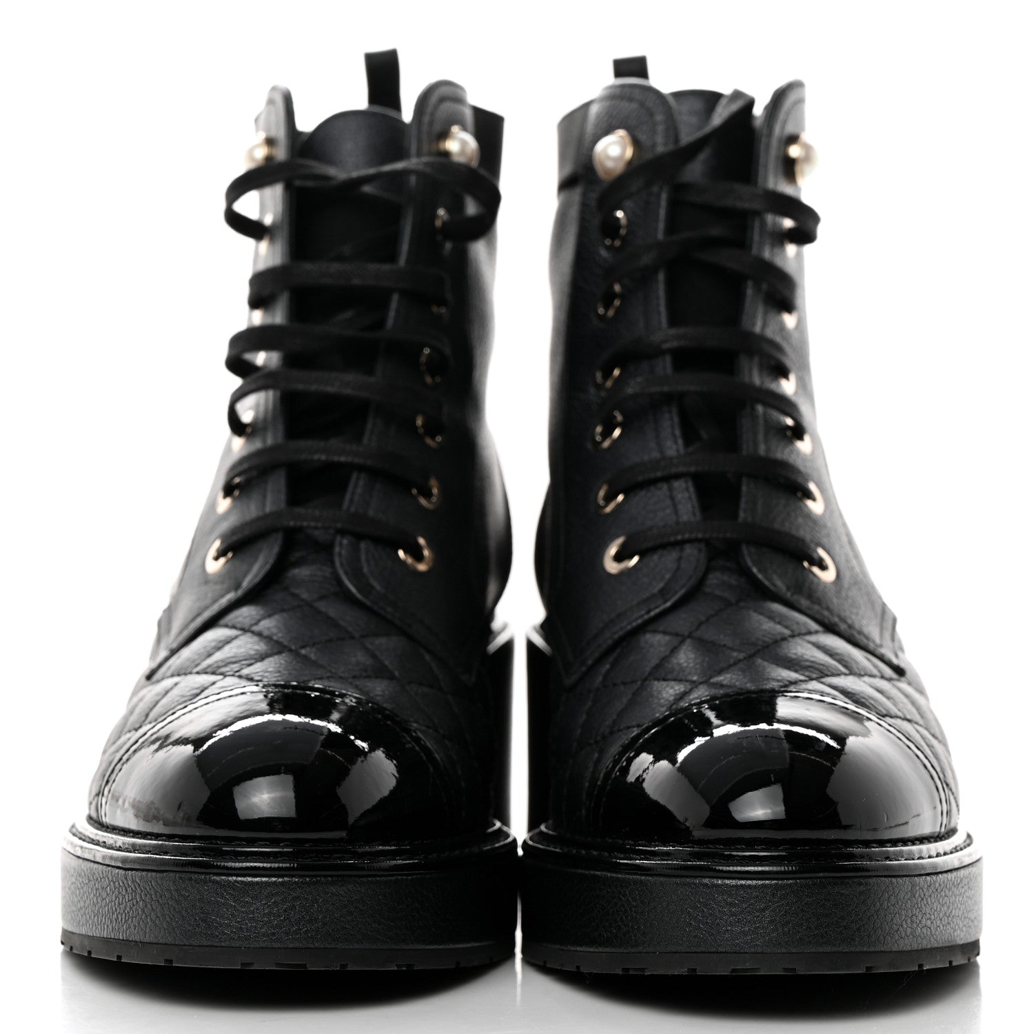 Chanel Pearly Calfskin Patent Calfskin Lace Up Combat Boots 38 Black 38 Black 2 of 9