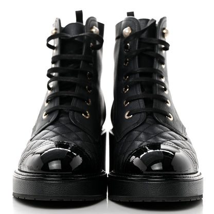 Chanel Pearly Calfskin Patent Calfskin Lace Up Combat Boots 38 Black 38 Black 2 of 9