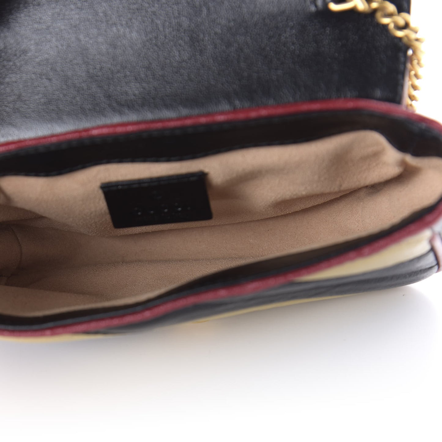 Vintage Effect Calfskin Matelasse Diagonal Striped Super Mini Torchon GG Marmont Shoulder Bag Black Beige