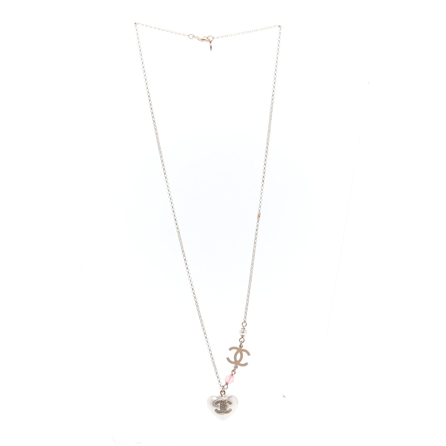 Resin Crystal CC Heart Necklace Pearly White Gold