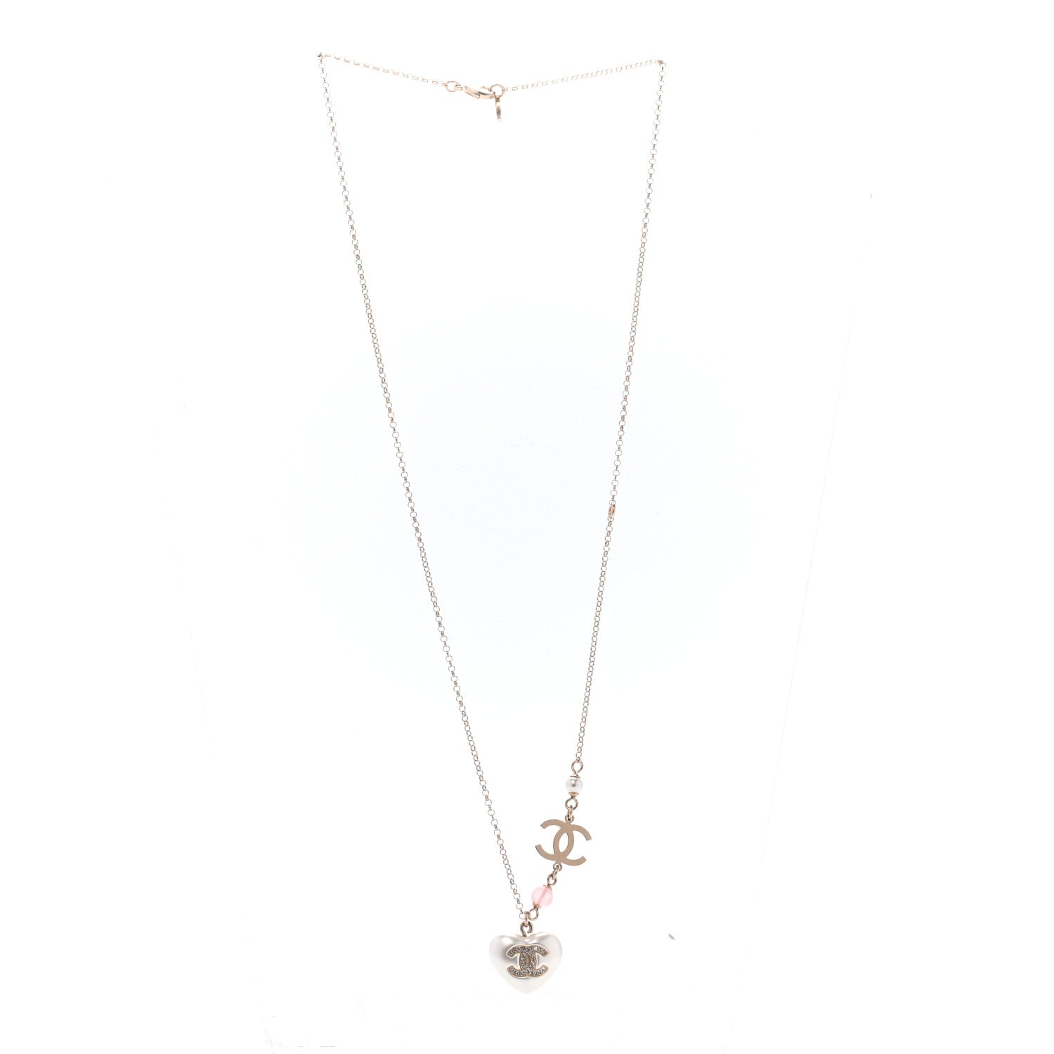 Chanel Resin Crystal CC Heart Necklace Pearly White Gold 3 of 5