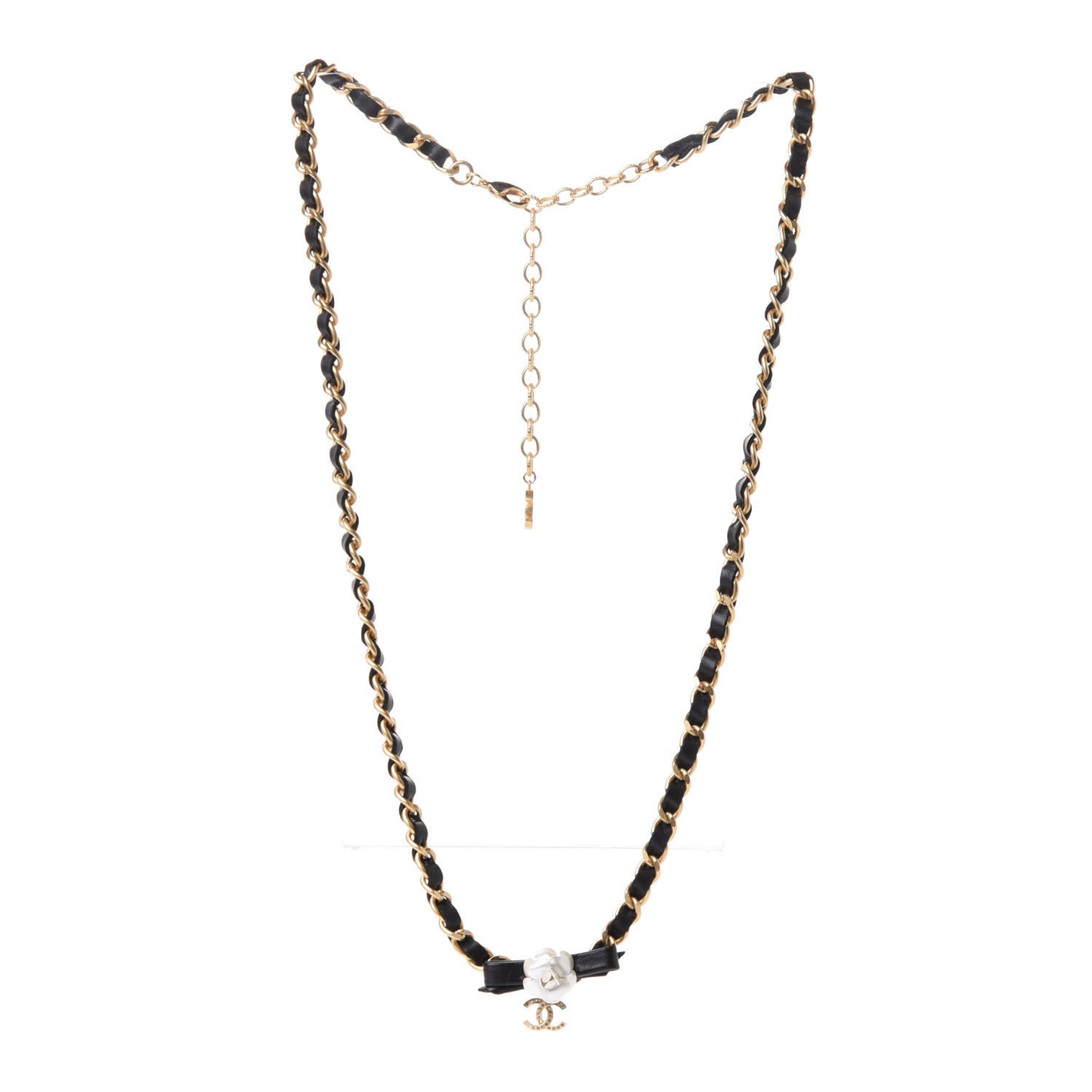 Calfskin Crystal Chain Camellia Belt 85 Black Gold