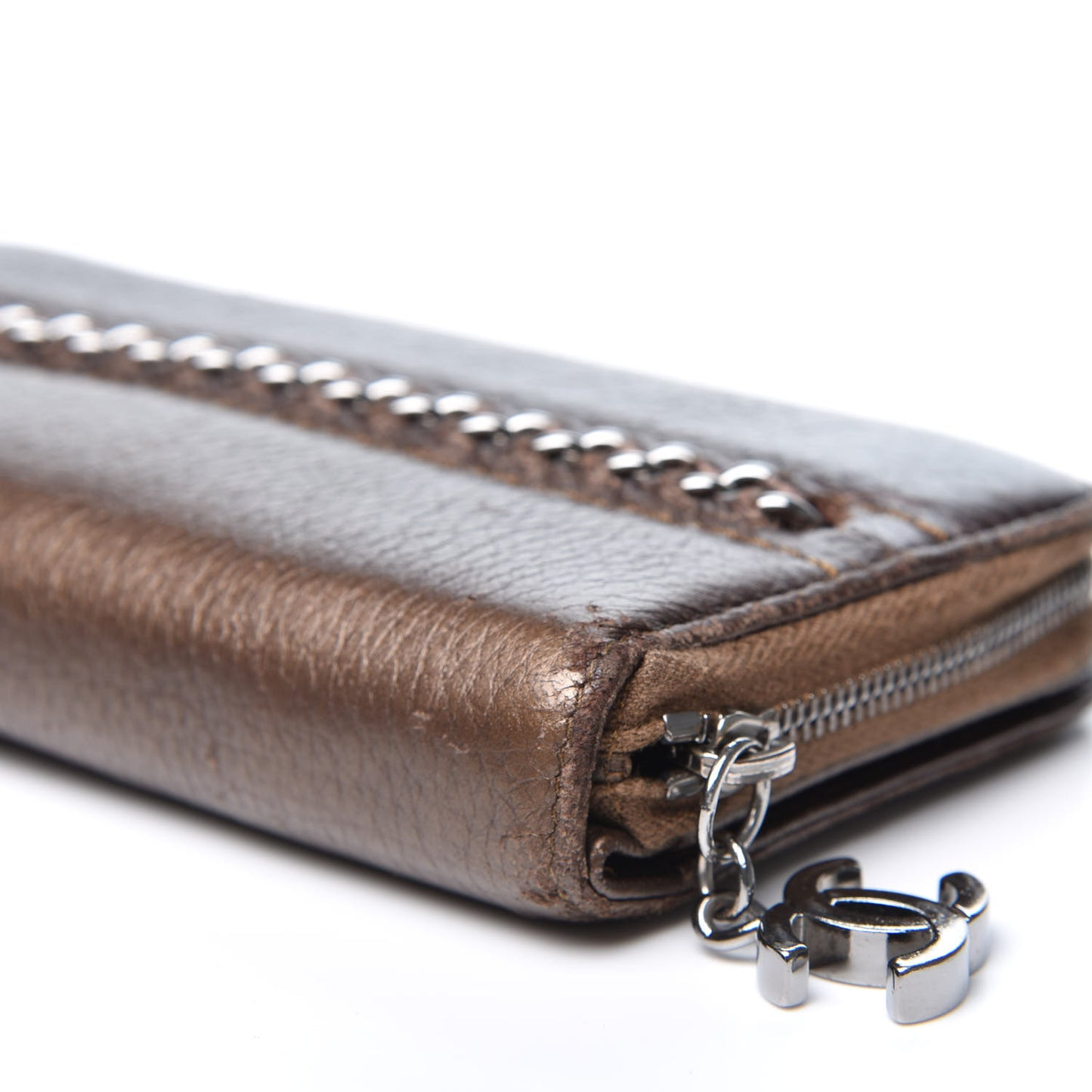 Metallic Calfskin Chain Zip Around Wallet Brown