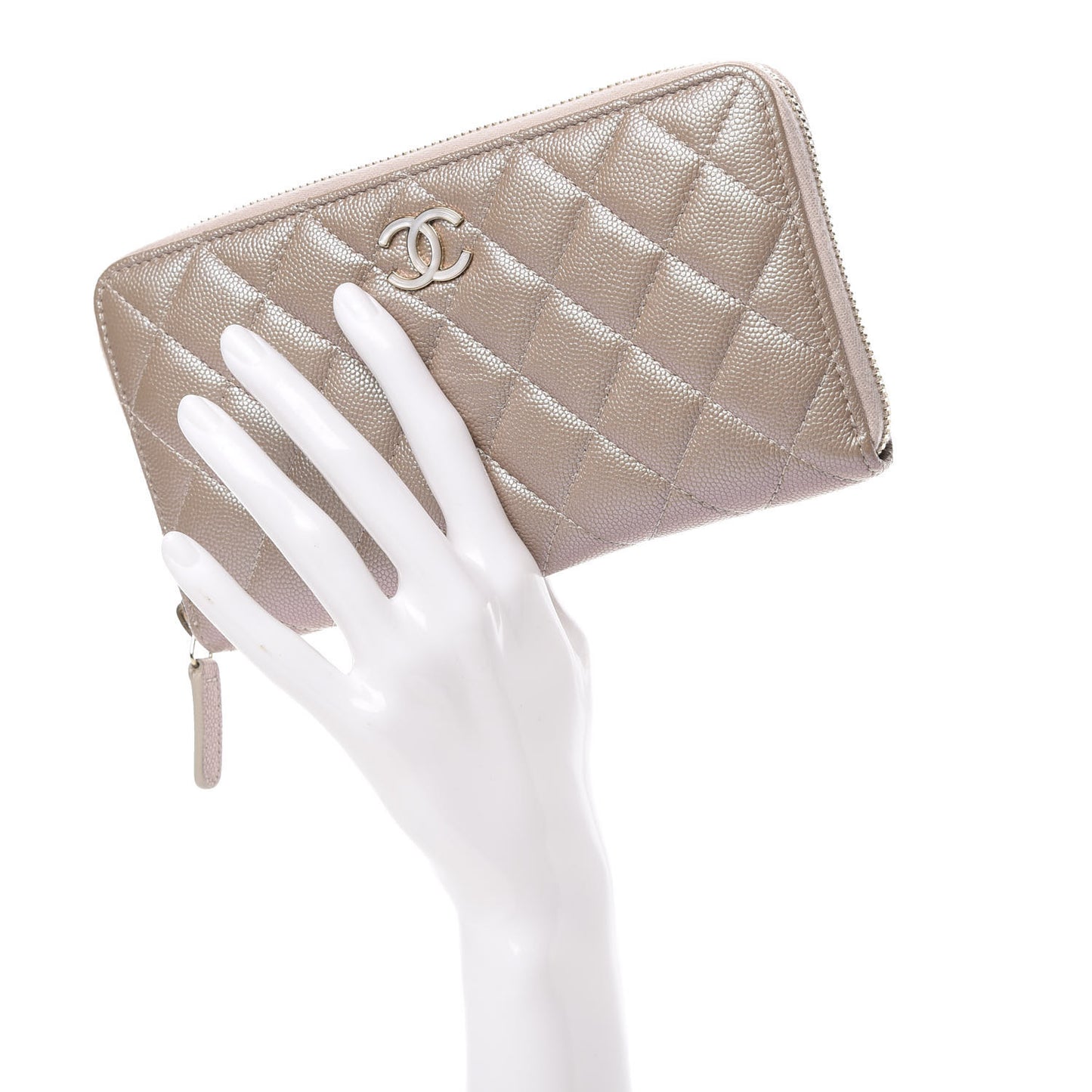 Iridescent Caviar Quilted Long Zip Around Wallet Beige