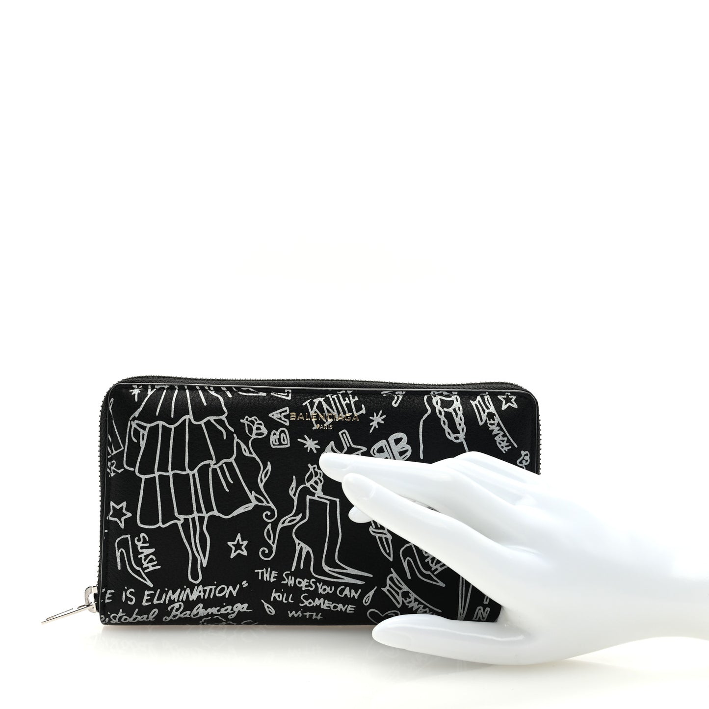 Calfskin Classic Silver Hardware Printed Tattoo Everyday Continental Zip Around Wallet Black