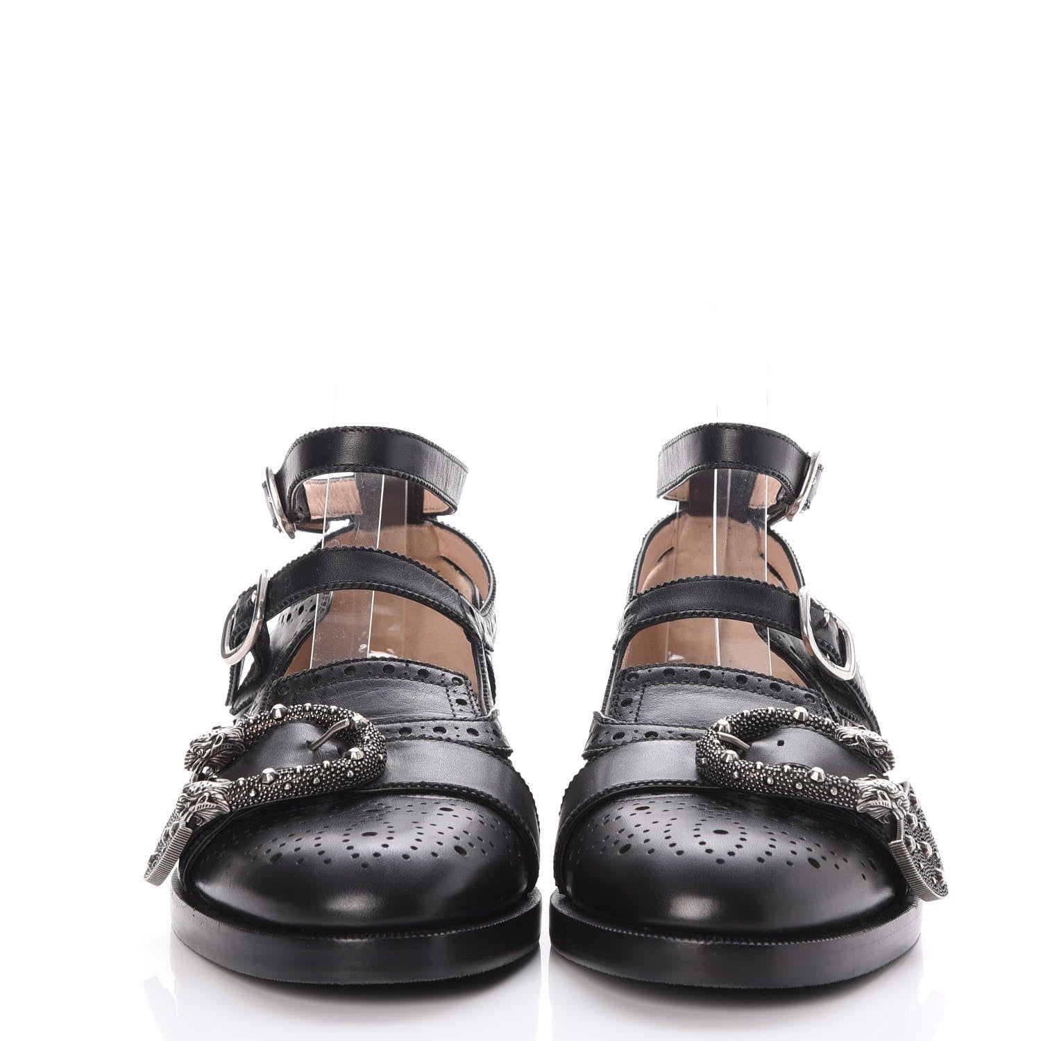 Gucci Calfskin Bee Embroidered Womens Queercore Brogue Wingtip Monk Strap Loafers 38.5 Black 2 of 8
