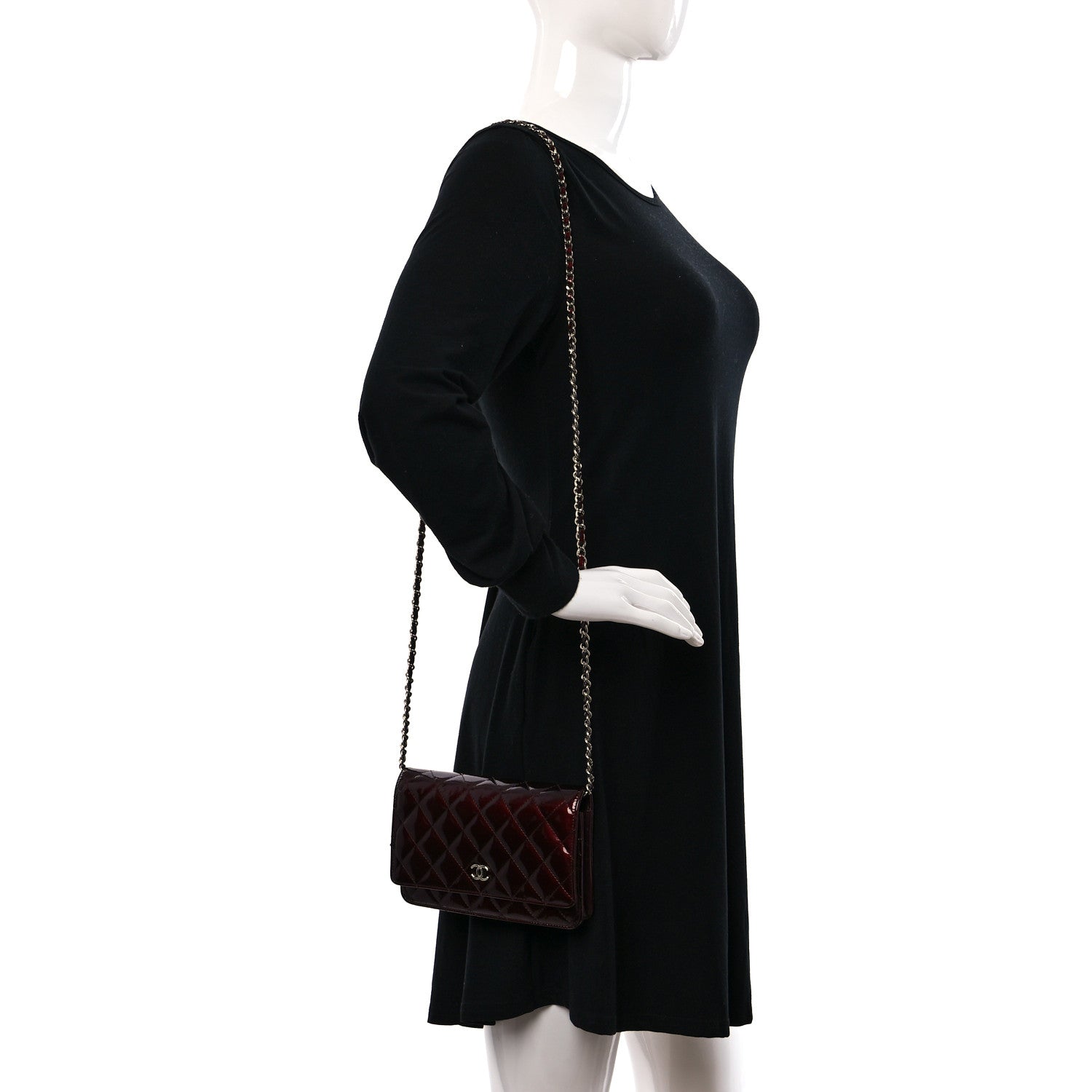 Chanel Patent Quilted Wallet On Chain WOC Burgundy 2 of 9