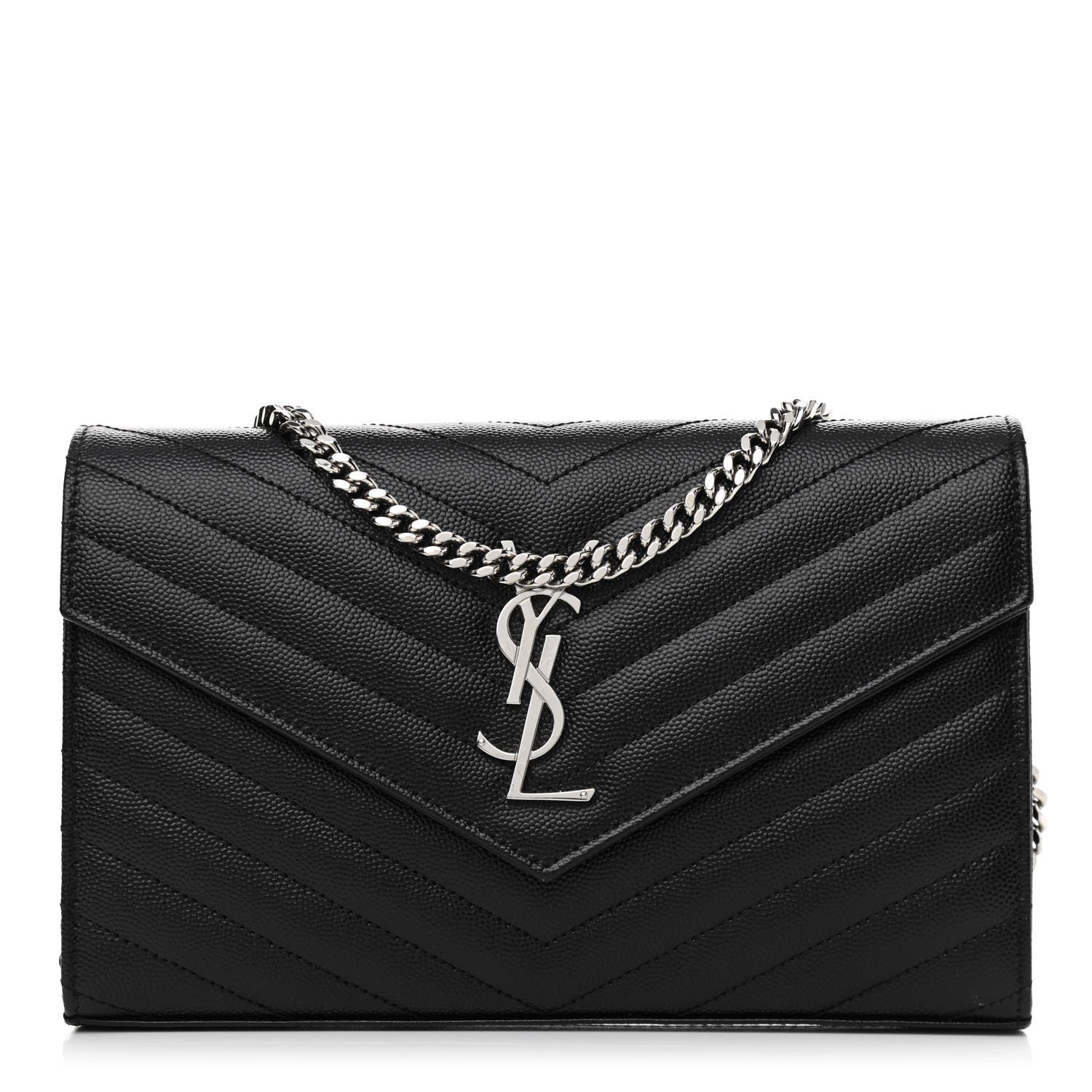 Saint Laurent Grain De Poudre Matelasse Chevron Monogram Chain Wallet Black 1 of 10