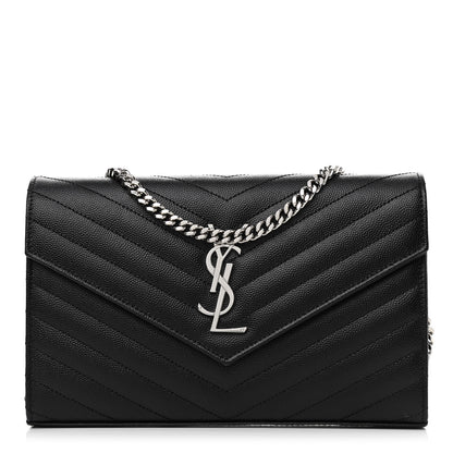 Saint Laurent Grain De Poudre Matelasse Chevron Monogram Chain Wallet Black 1 of 10