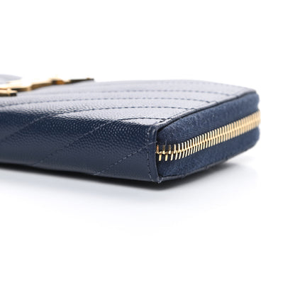 Saint Laurent Grain De Poudre Matelasse Chevron Monogram Zip Around Wallet Navy 9 of 9