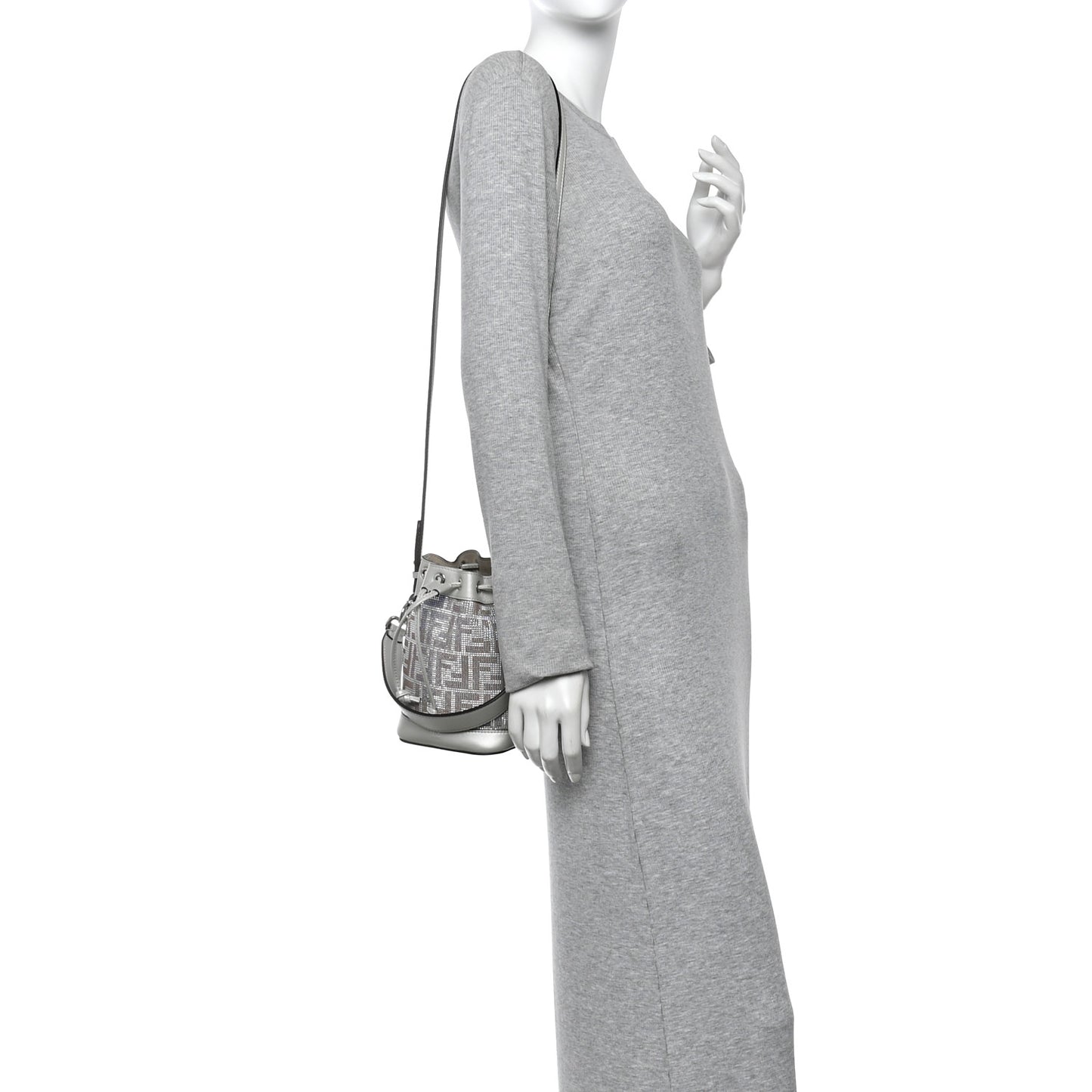 Crystal Vitello Laminato FF Mini Mon Tresor Bucket Bag Crystal Argento