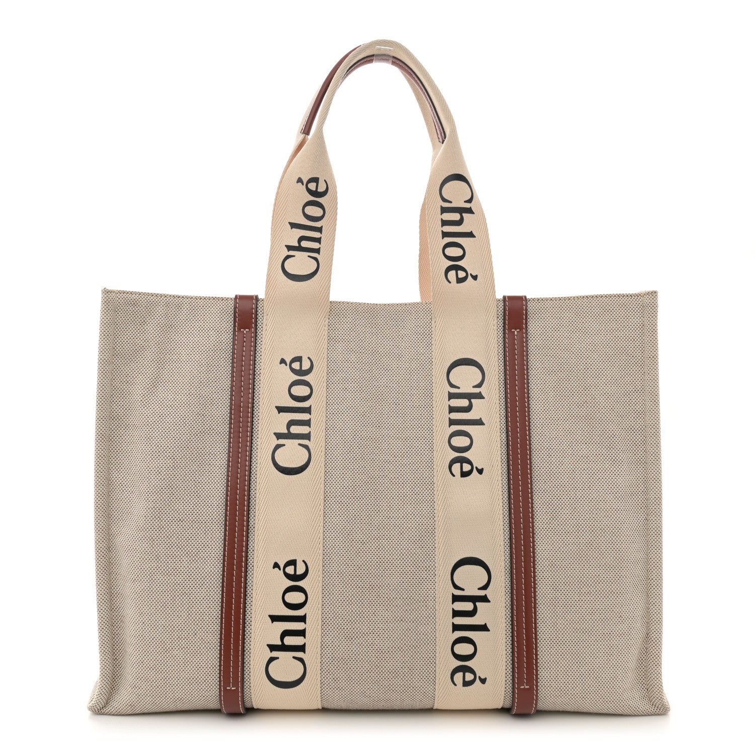 Chloe Linen Calfskin Large Woody Ribbon Tote White Brown 1 of 13
