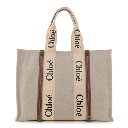 Chloe Linen Calfskin Large Woody Ribbon Tote White Brown 1 of 13