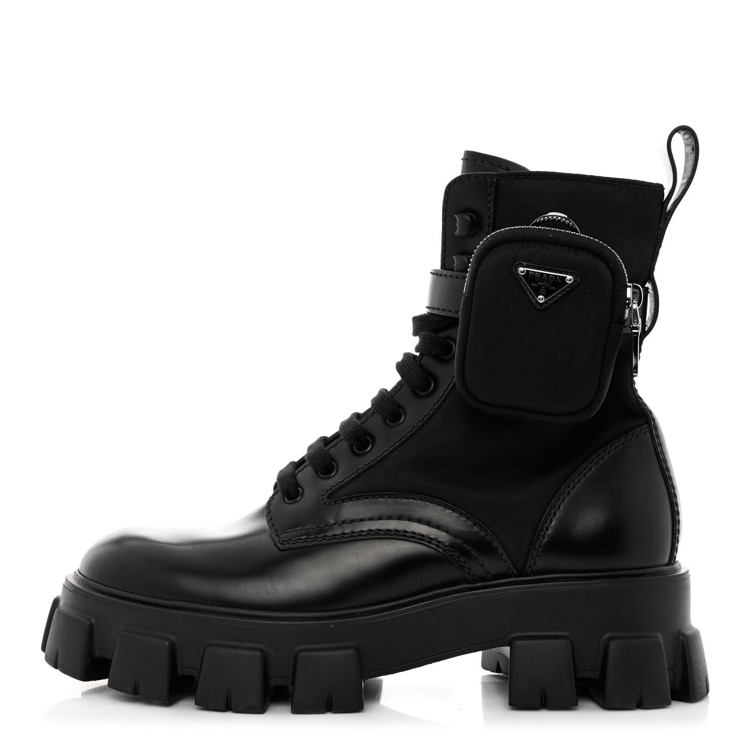 Prada Spazzolato Rois Re-Nylon Metal Triangle Logo Mens Monolith Pouch Pocket 60mm Combat Boots 9 Black 1 of 11