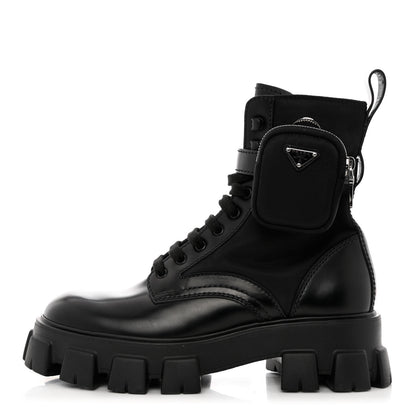 Prada Spazzolato Rois Re-Nylon Metal Triangle Logo Mens Monolith Pouch Pocket 60mm Combat Boots 9 Black 1 of 11