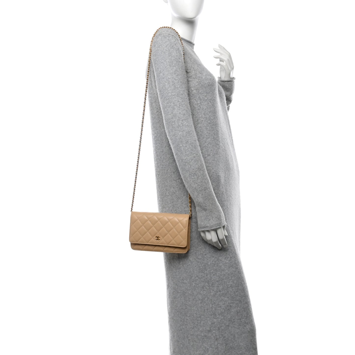 Caviar Quilted Wallet on Chain WOC Beige
