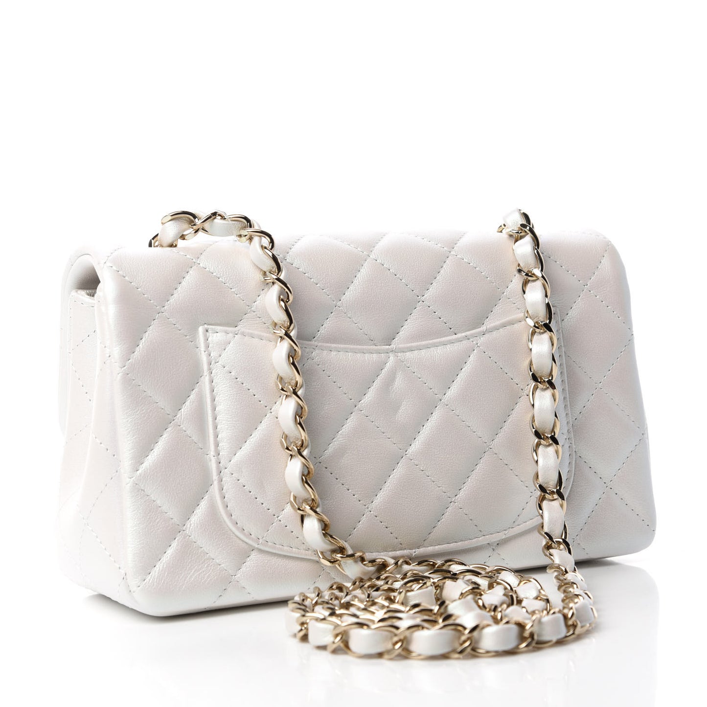 Iridescent Calfskin Quilted Mini Rectangular Flap White
