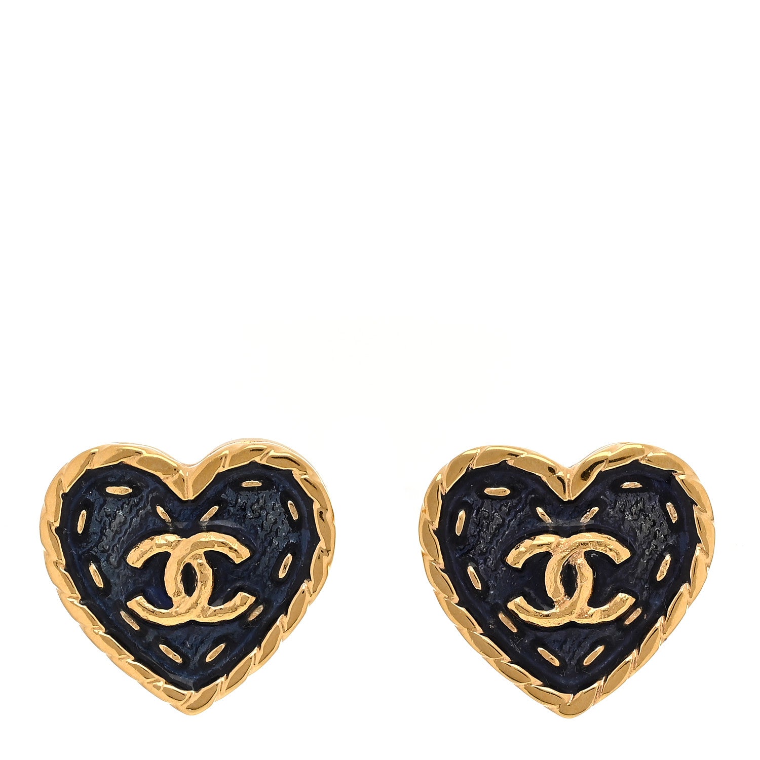 Chanel Metal Enamel CC Denim Heart Earrings Gold Blue 1 of 5