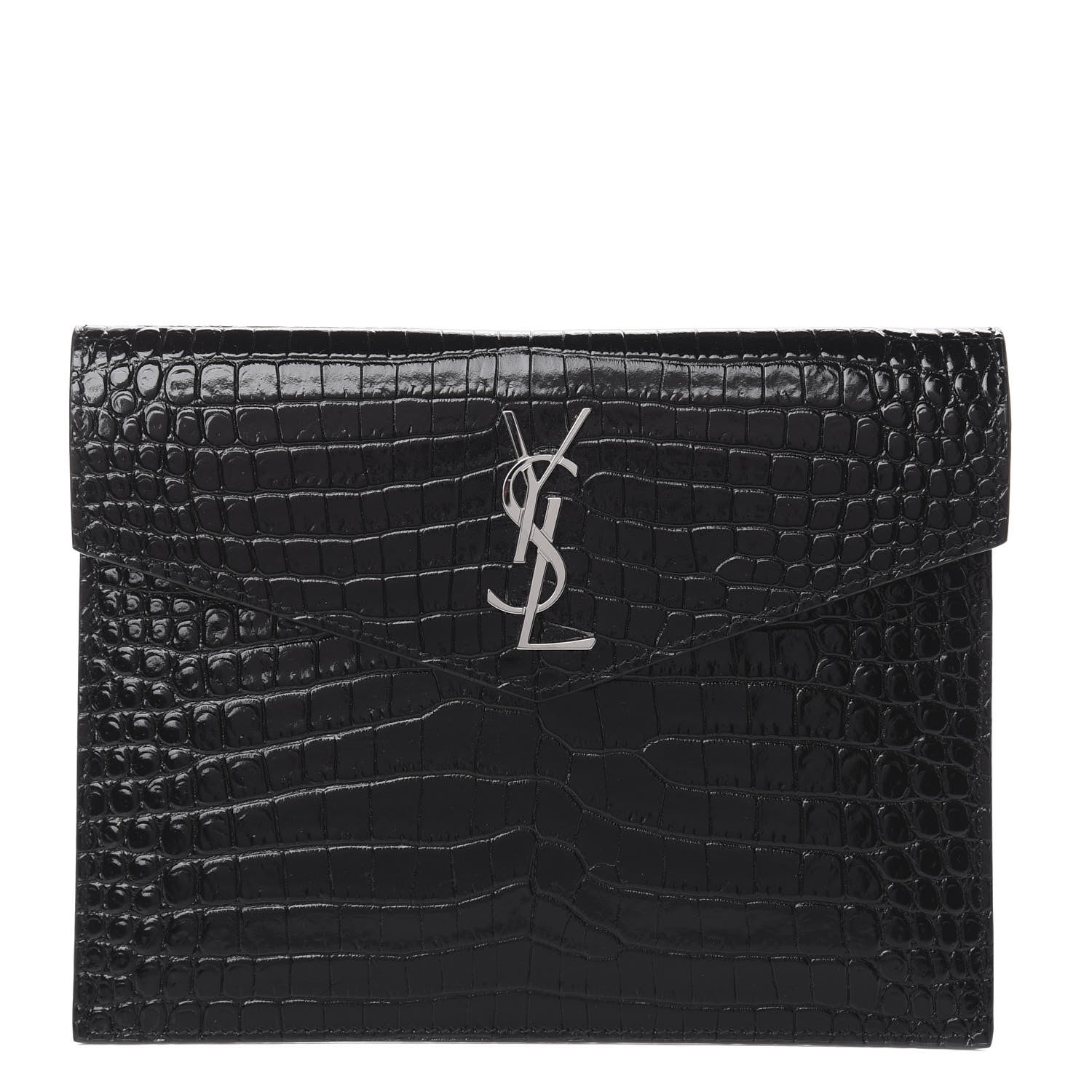 Saint Laurent Calfskin Crocodile Embossed Monogram Uptown Baby Pouch Black 1 of 8